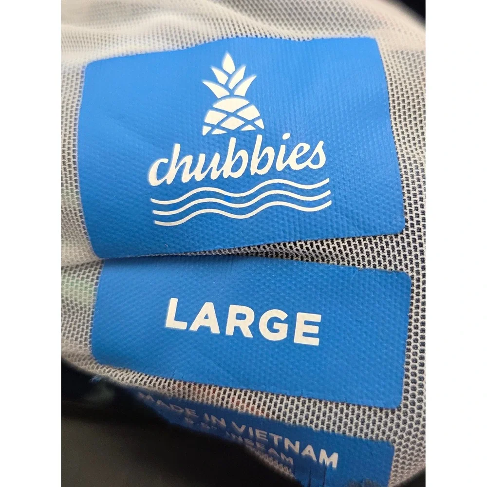 Chubbies Mens Blue Swim Trunks L Flamingo Palm Tree Tropical Print 5.5 inseam